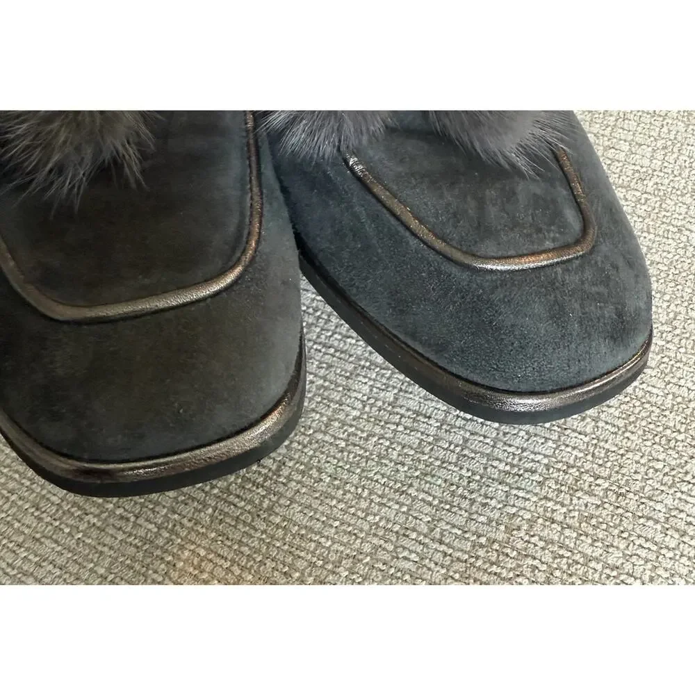 PAS DE ROUGE Lola Black Suede Dressy Loafer‎ Women's 39 US 8.5 Rabbit Fur Tassel